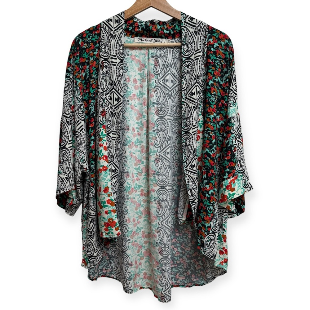 Michael Stars Mixed‎ Pattern Patchwork Open Front Short Sleeve Kimono OS